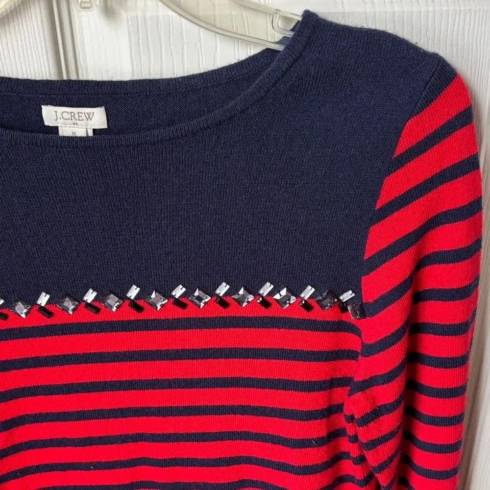 J. Crew Breton-Striped Women's Navy Red Gem Rhinestone sweater wool top Med EUC